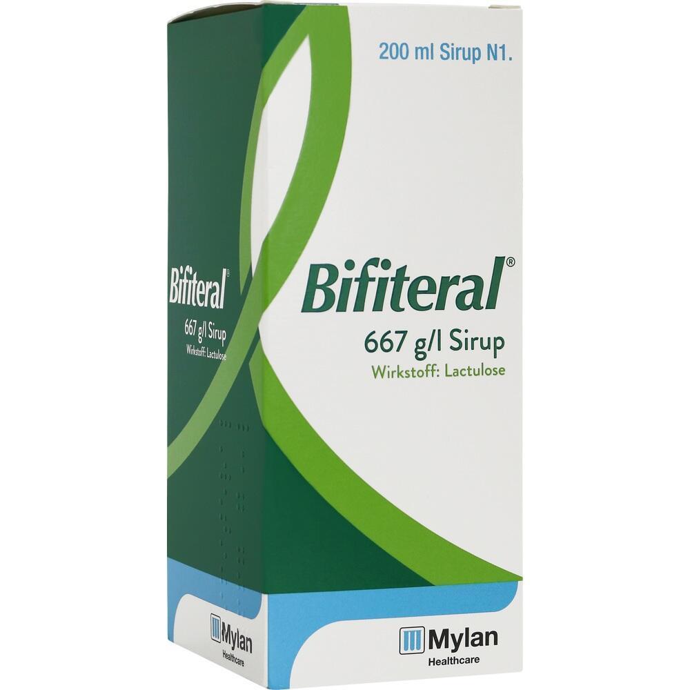 Grüne und weiße Flasche mit der Aufschrift "Bifiteral 667 g/l Sirup".