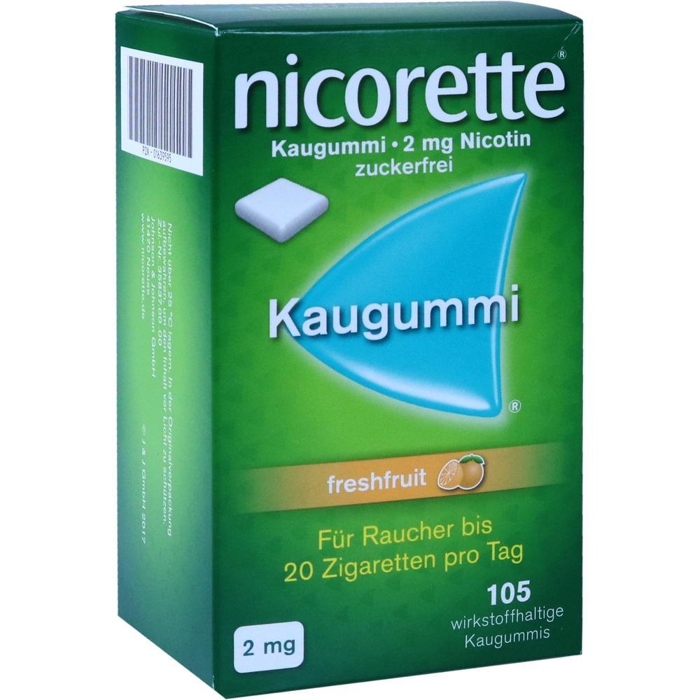 Grüne Packung mit Nikotinkaugummi, 2 mg, zuckerfrei, Geschmack freshfruit.