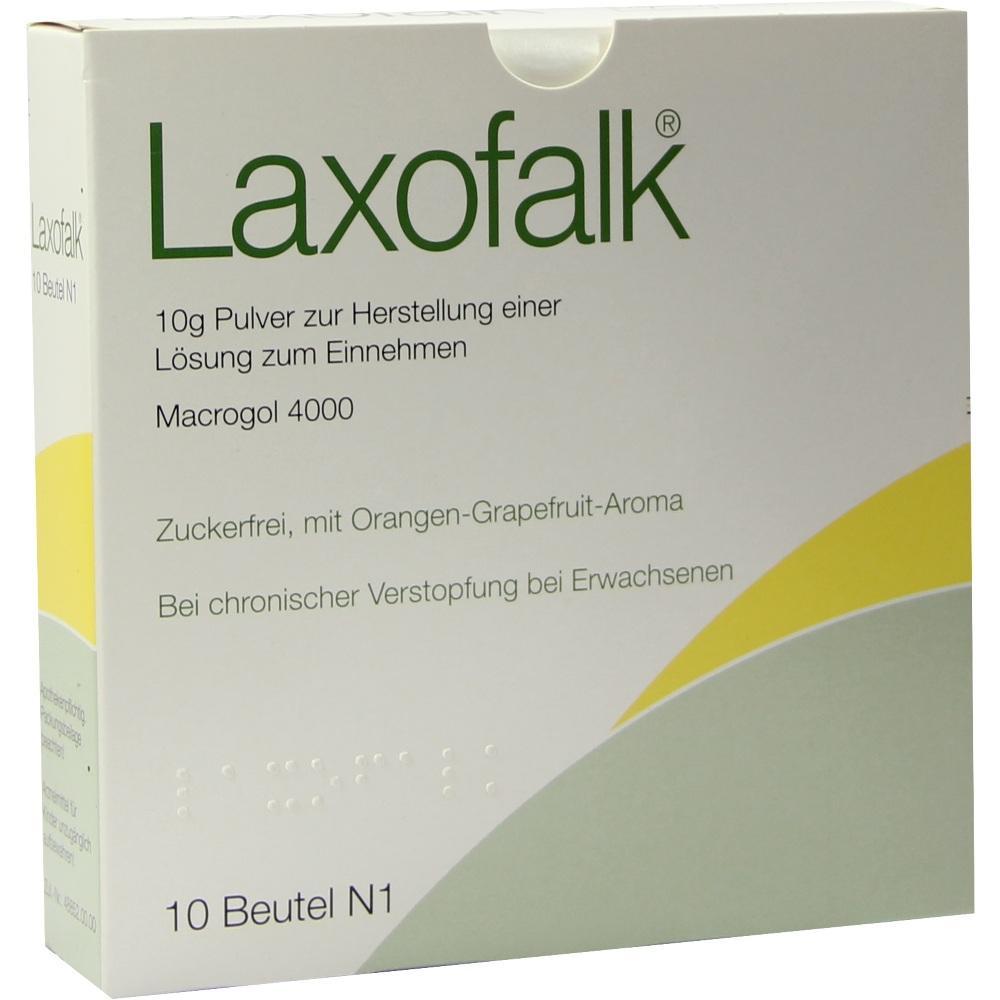 Eine Packung Laxofalk Pulver zur Hilfe bei Verstopfung, mit Orangen-Grapefruit-Geschmack.