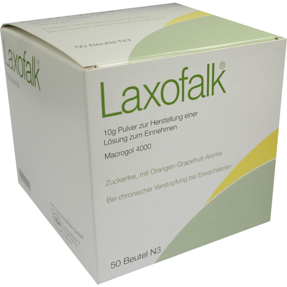 Verpackung einer medizinischen Lösung namens Laxofalk für Erwachsene gegen Verstopfung.