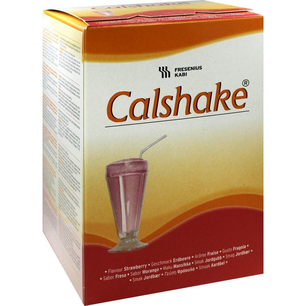 Eine Packung Calshake Erdbeer-Geschmack mit einem Bild von einem Shake-Glas und Strohhalm.