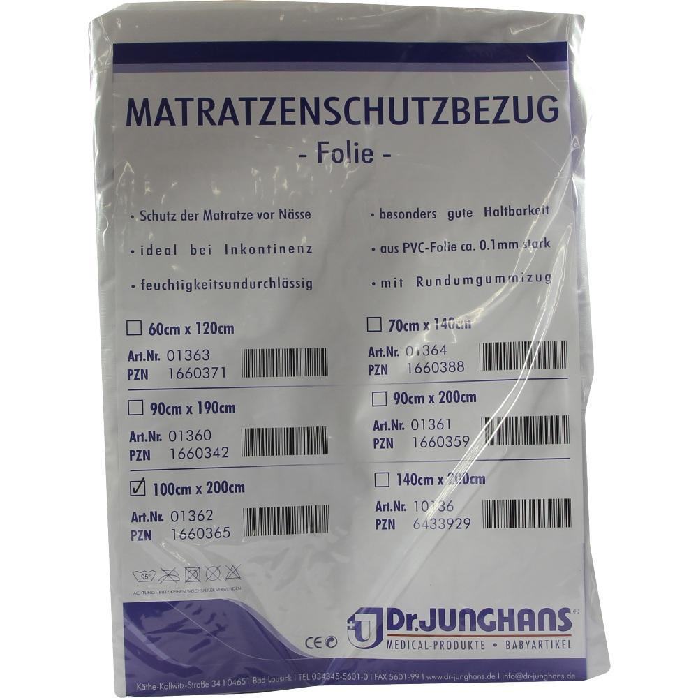 Verpackung eines wasserdichten Matratzenschutzbezugs aus PVC-Folie mit Größenangaben.