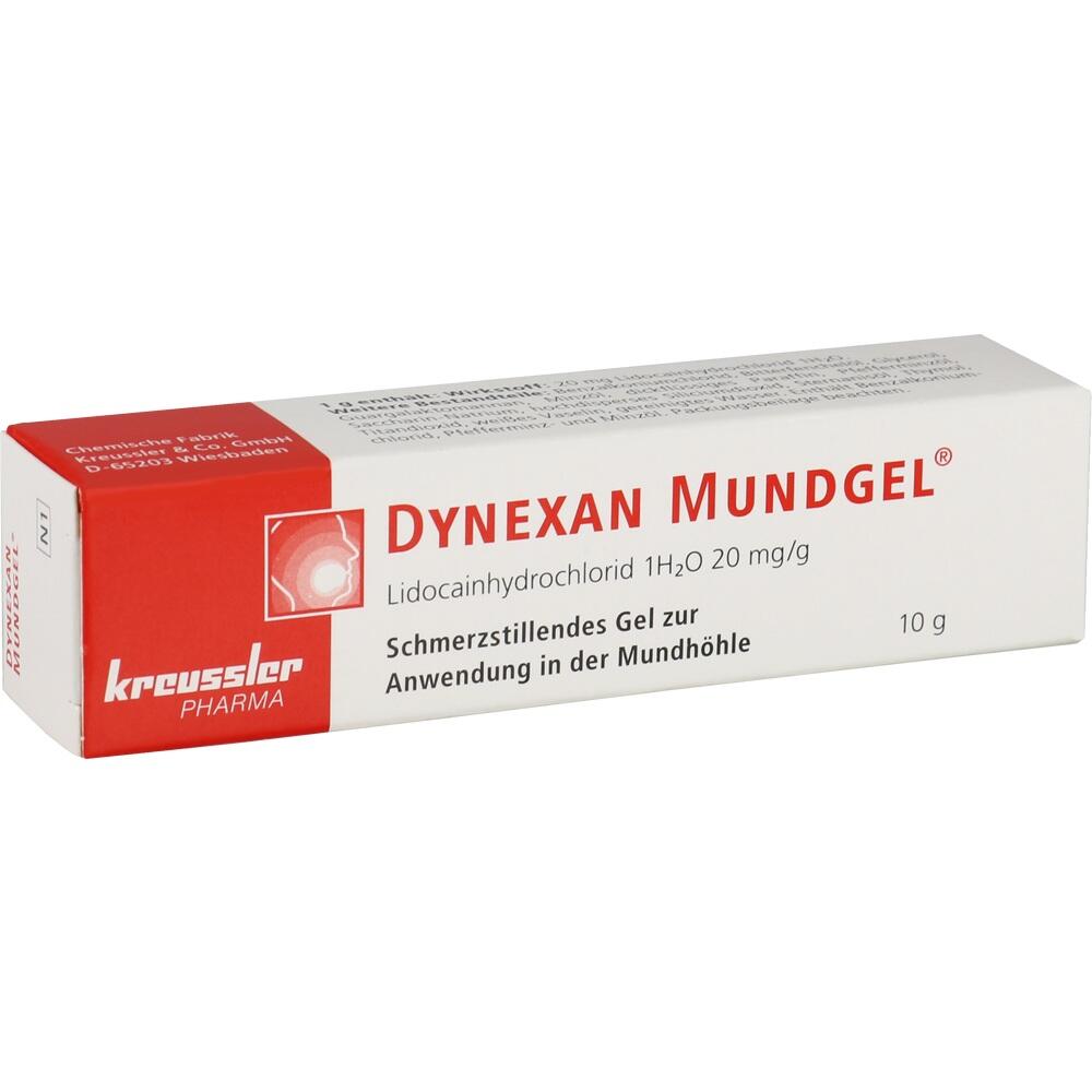 Weiße Tube mit rotem Aufdruck "Dynexan Mundgel", schmerzlinderndes Gel für den Mund.