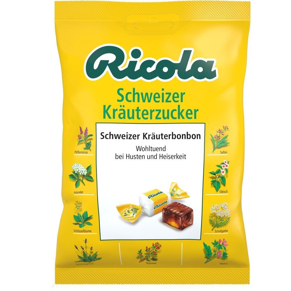 Gelbe Tüte mit Ricola Schweizer Kräuterzucker gegen Husten.