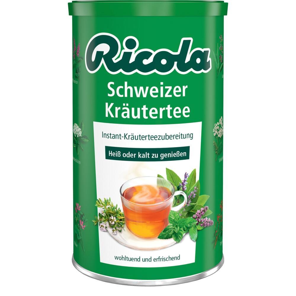 Grüne Dose mit Instant-Kräutertee von Ricola, zeigt eine Tasse Tee und Kräuter.