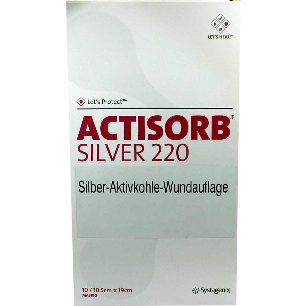 Verpackung der Actisorb Silver 220 Wundauflage, enth&auml;lt Silber-Aktivkohle.