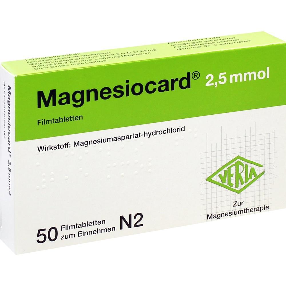 Eine Packung mit 50 Magnesiocard-Tabletten zur Magnesiumtherapie.