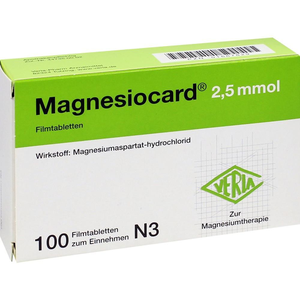 Grüne Packung mit 100 Magnesiocard Filmtabletten zur Magnesiumtherapie.