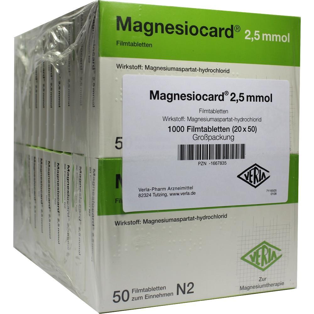 Eine Gro&szlig;packung Magnesiocard Filmtabletten ist abgebildet.