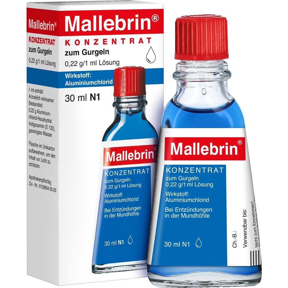 Flasche und Packung von Mallebrin Gurgellösung, 30 ml, gegen Mundentzündungen.
