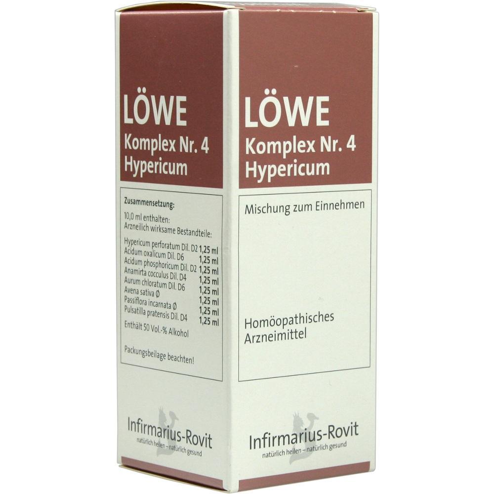 Packung eines homöopathischen Arzneimittels namens Löwe Komplex Nr. 4 Hypericum.