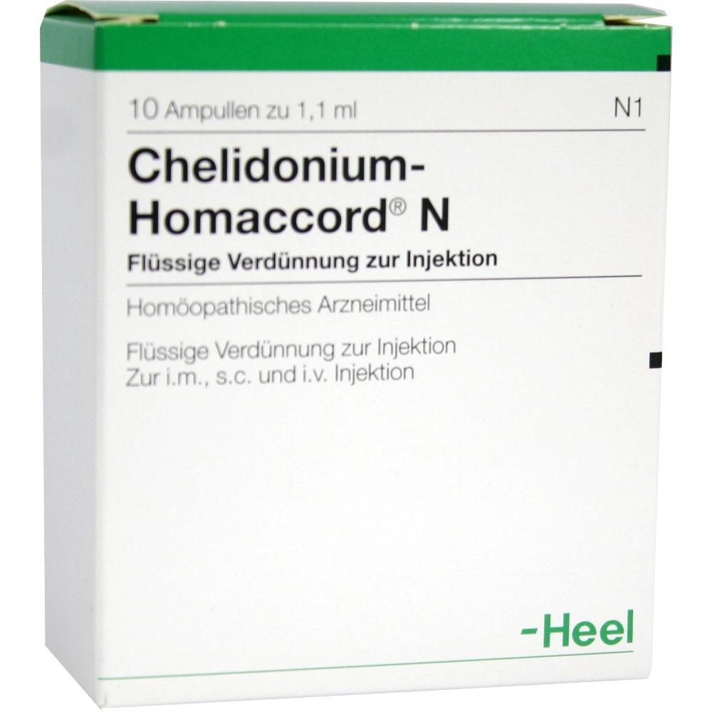 Weiße Verpackung mit der Aufschrift "Chelidonium-Homaccord N" von Heel.