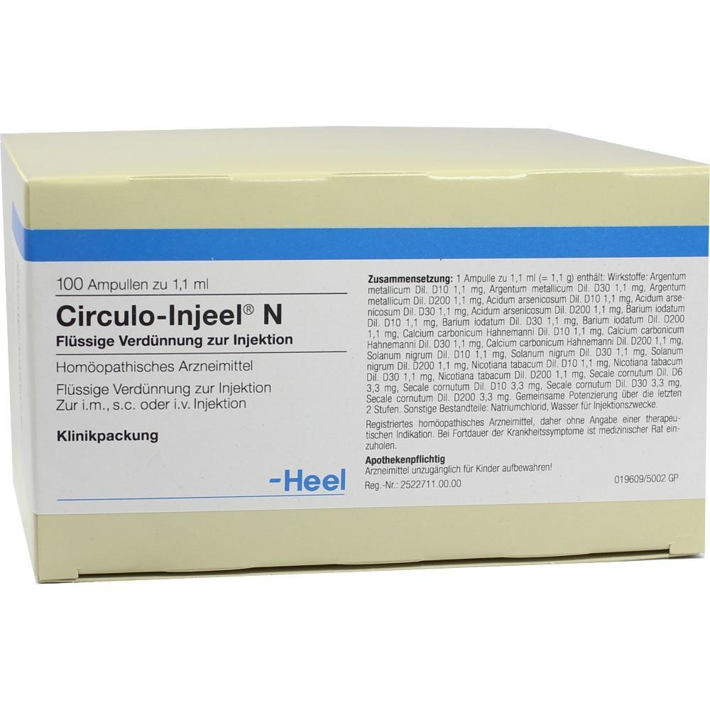 Eine Schachtel mit homöopathischen Injektionsampullen namens Circulo-Injeel N.