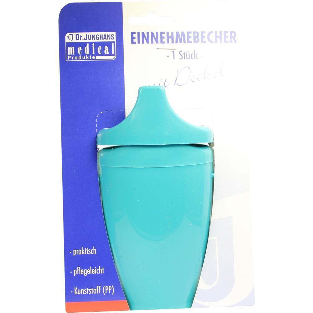 Ein blauer Einnehmbecher mit Deckel auf einer Verpackung.