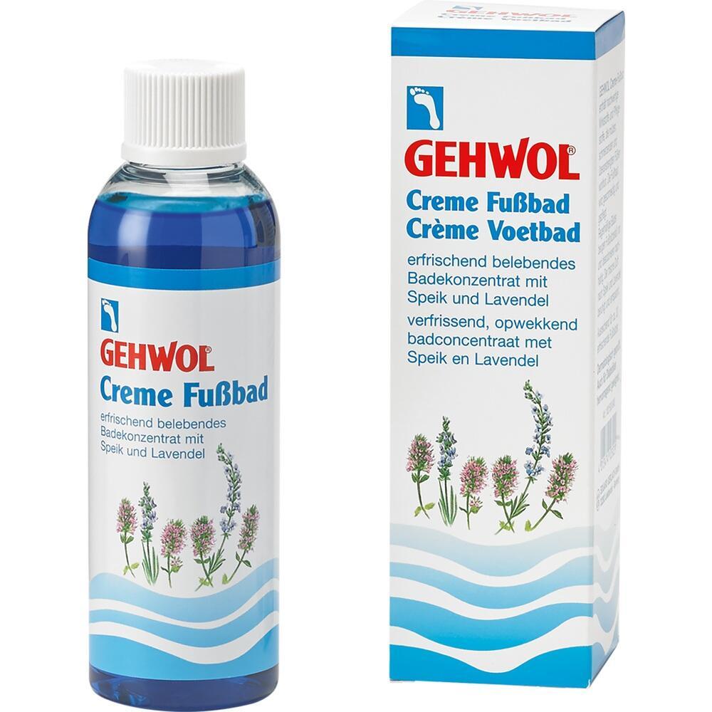 Blau-weiße Flasche und Schachtel von Gehwol Creme Fußbad mit Lavendelmotiv.