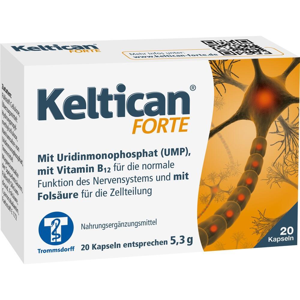 Packung von Keltican Forte mit Nährstoffen für Nerven und Zellteilung.