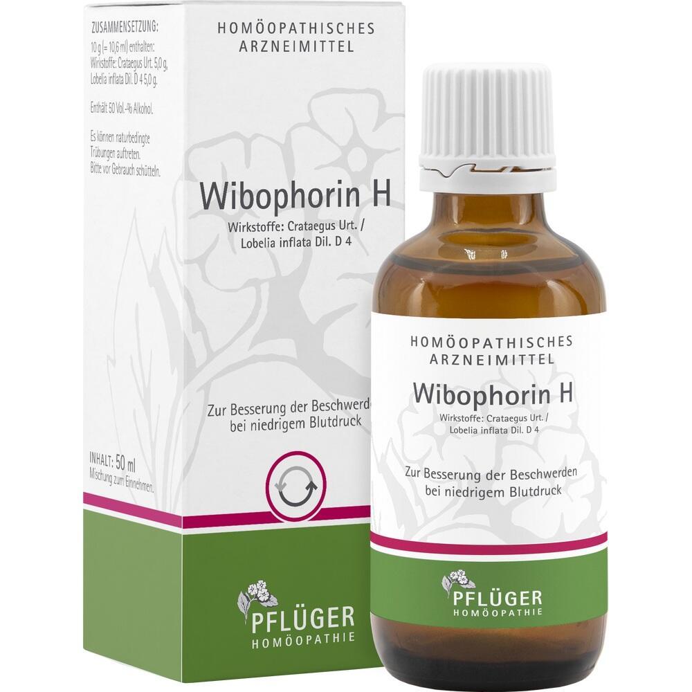 Braune Flasche und weiße Verpackung von homöopathischem Mittel "Wibophorin H".