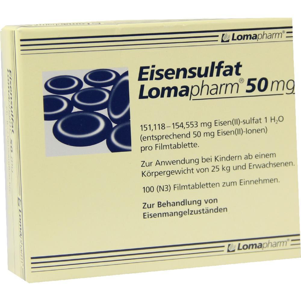 Die Packung zeigt Eisensulfat-Tabletten zur Behandlung von Eisenmangel.