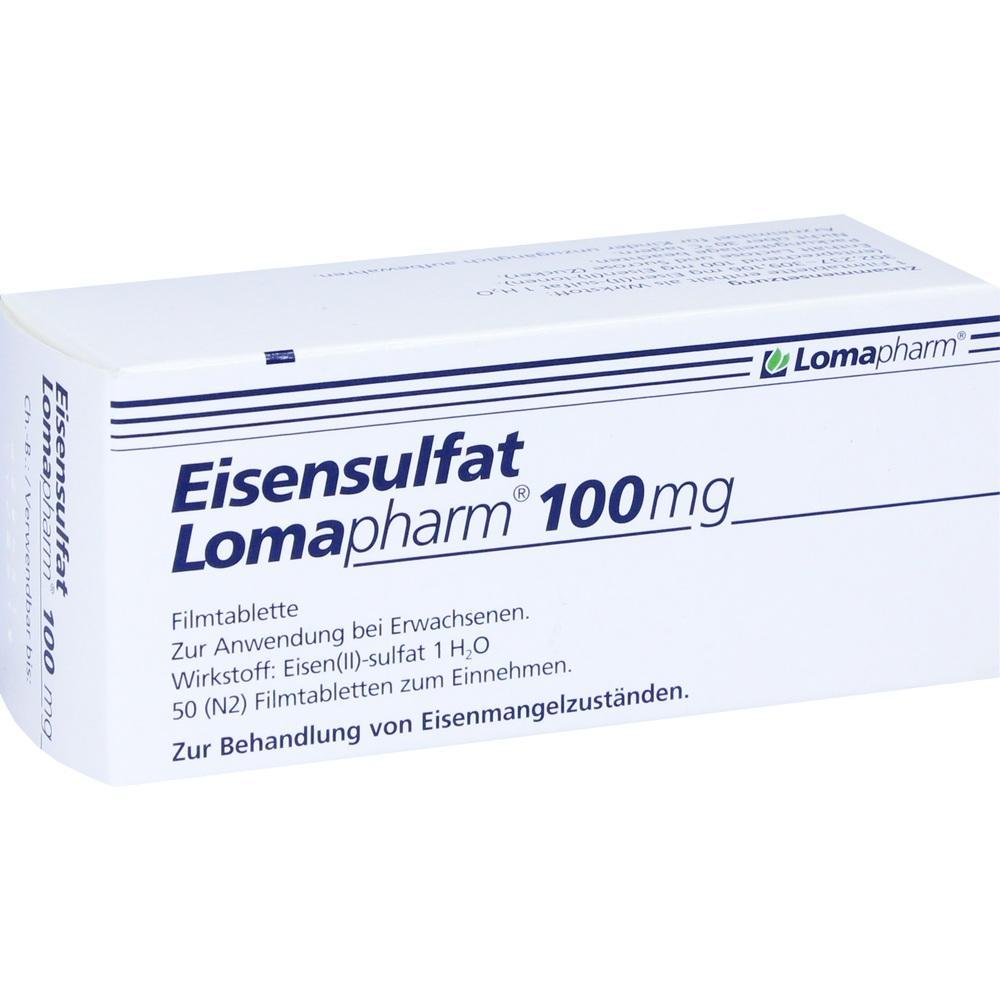 Eine Packung Eisenpr&auml;parate mit der Aufschrift "Eisensulfat Lomapharm 100 mg".