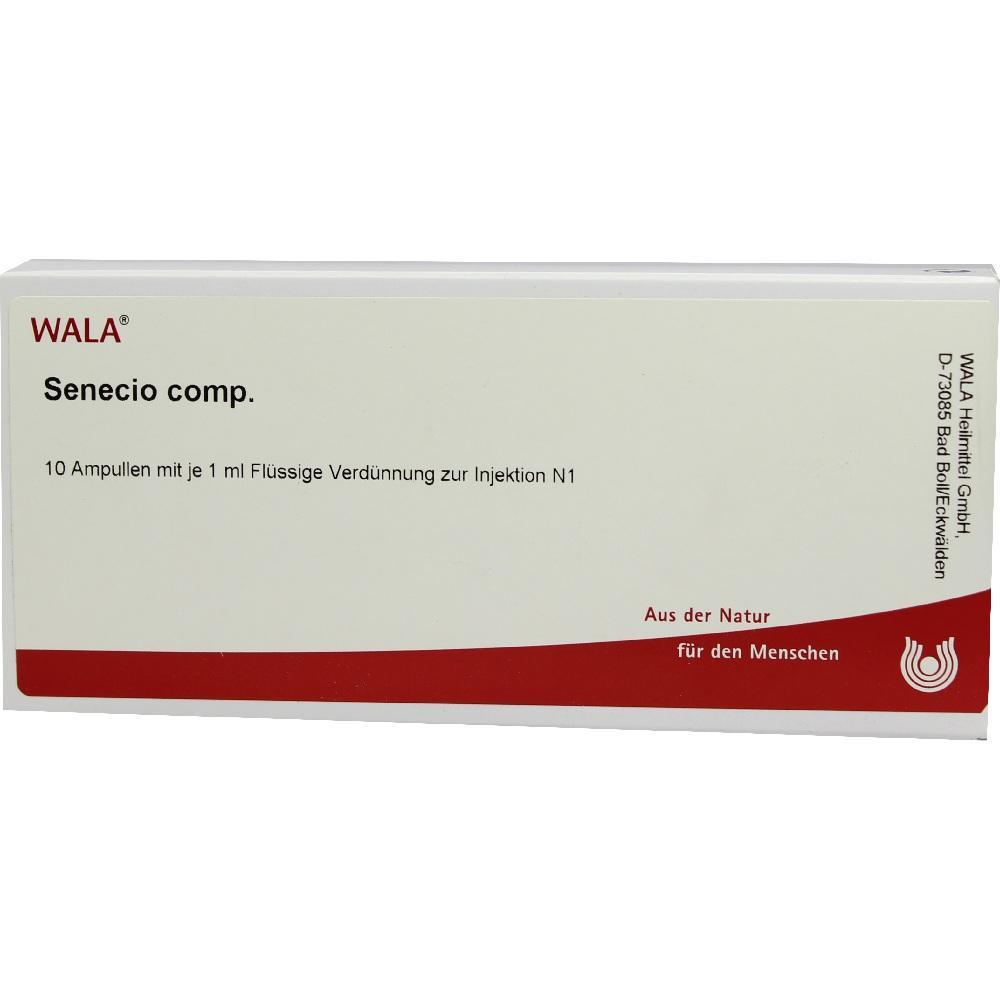 Eine Schachtel mit dem Produkt "Senecio comp." von WALA, 10 Ampullen zur Injektion.