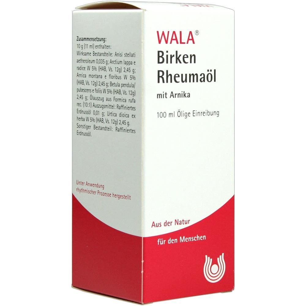Eine wei&szlig;e und rote Packung mit der Aufschrift "WALA Birken Rheuma&ouml;l".
