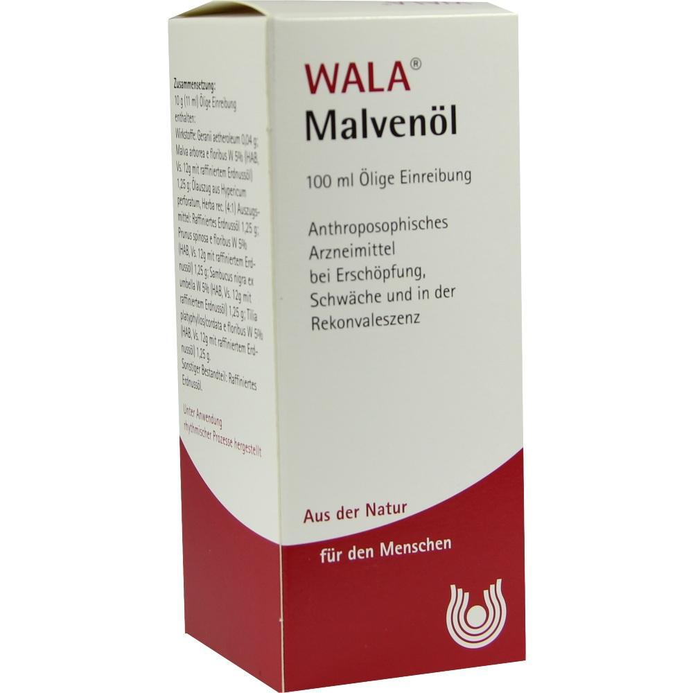 Wei&szlig;e Schachtel mit dem Aufdruck "WALA Malven&ouml;l", eines Arzneimittels auf Pflanzenbasis.