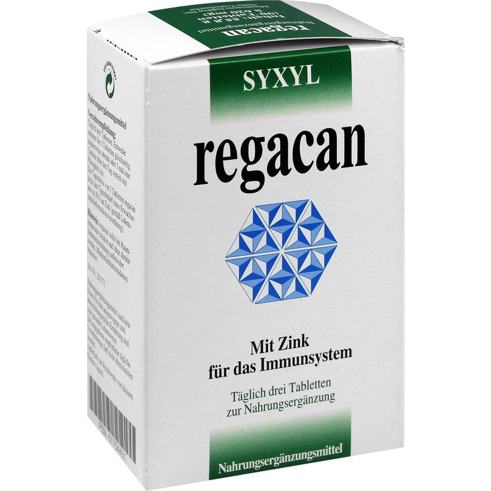 Weiße Packung mit der Aufschrift "regacan" und einem blauen Muster.