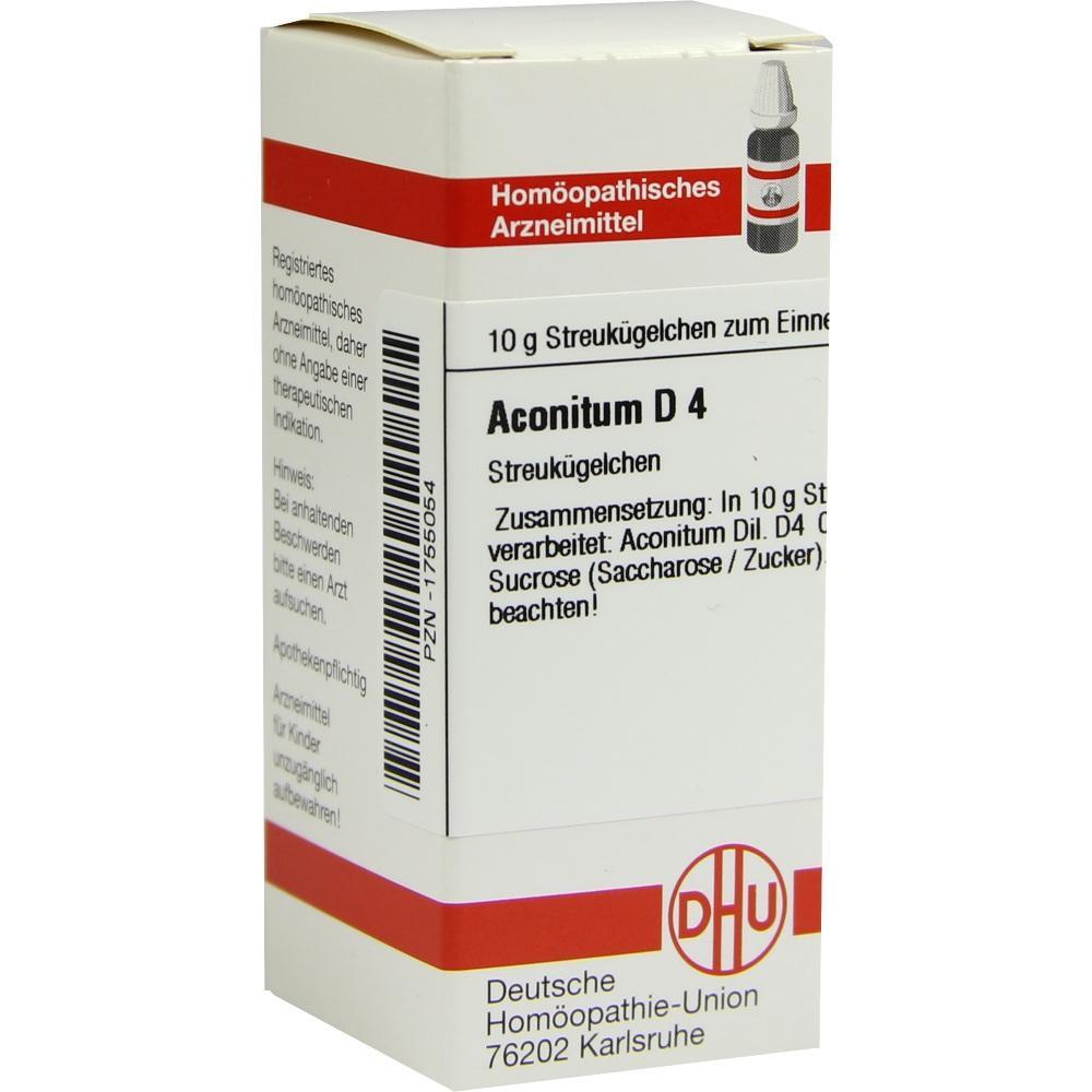Weiße Medikamentenbox mit der Aufschrift "Aconitum D 4" von der Deutschen Homöopathie-Union.