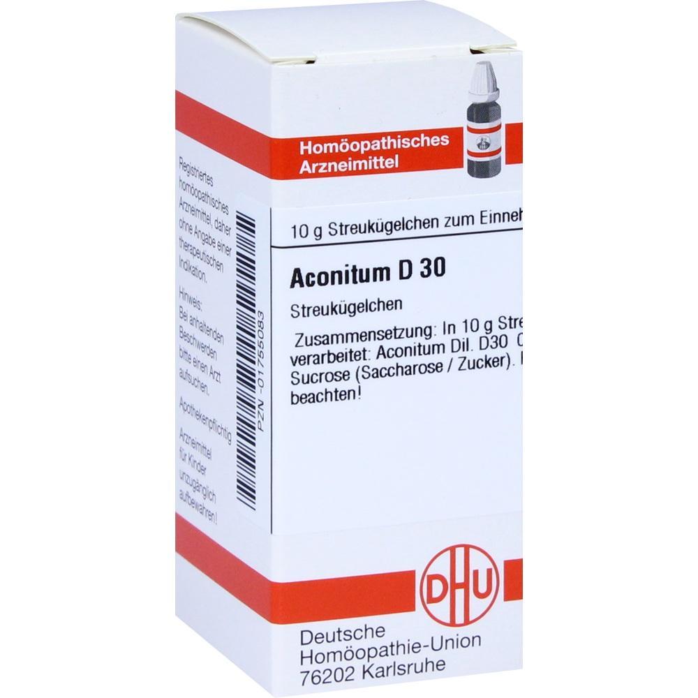 Homöopathische Arznei Aconitum D30 in weißer Verpackung.