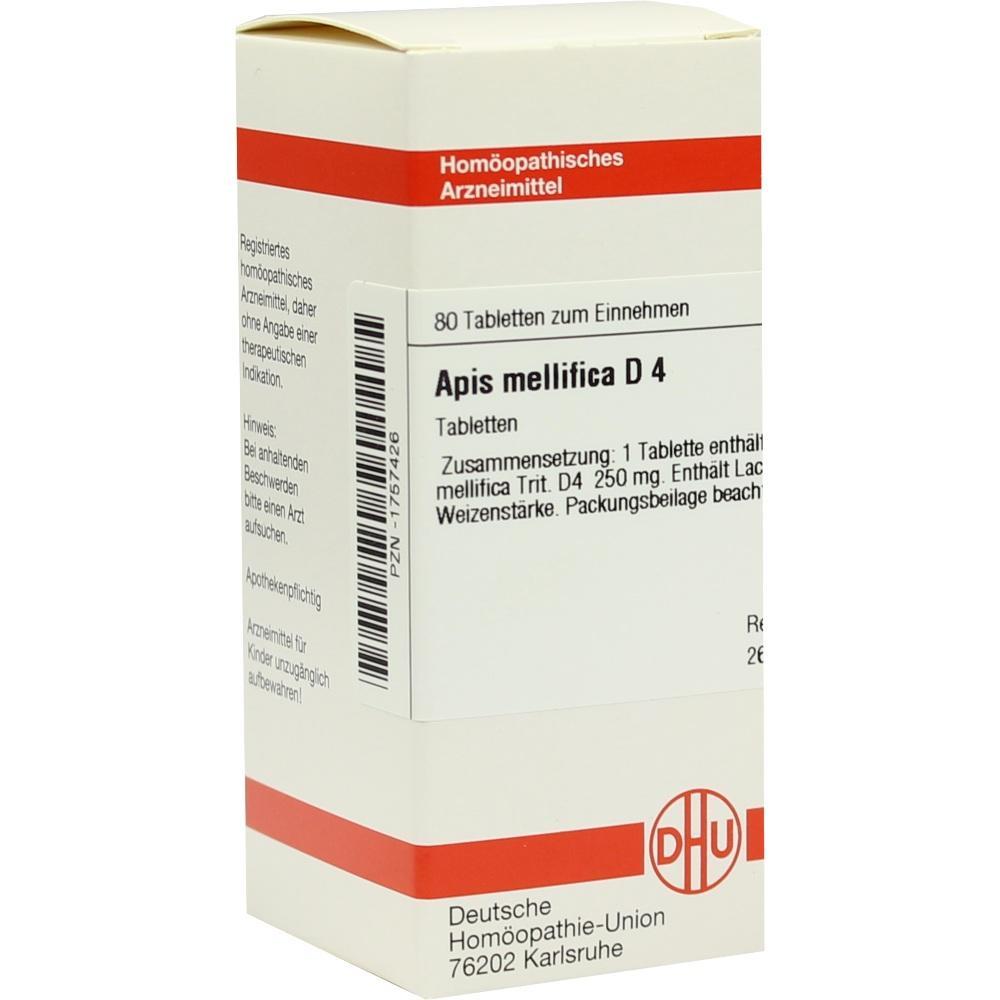 Eine Packung homöopathische Tabletten namens "Apis mellifica D4".