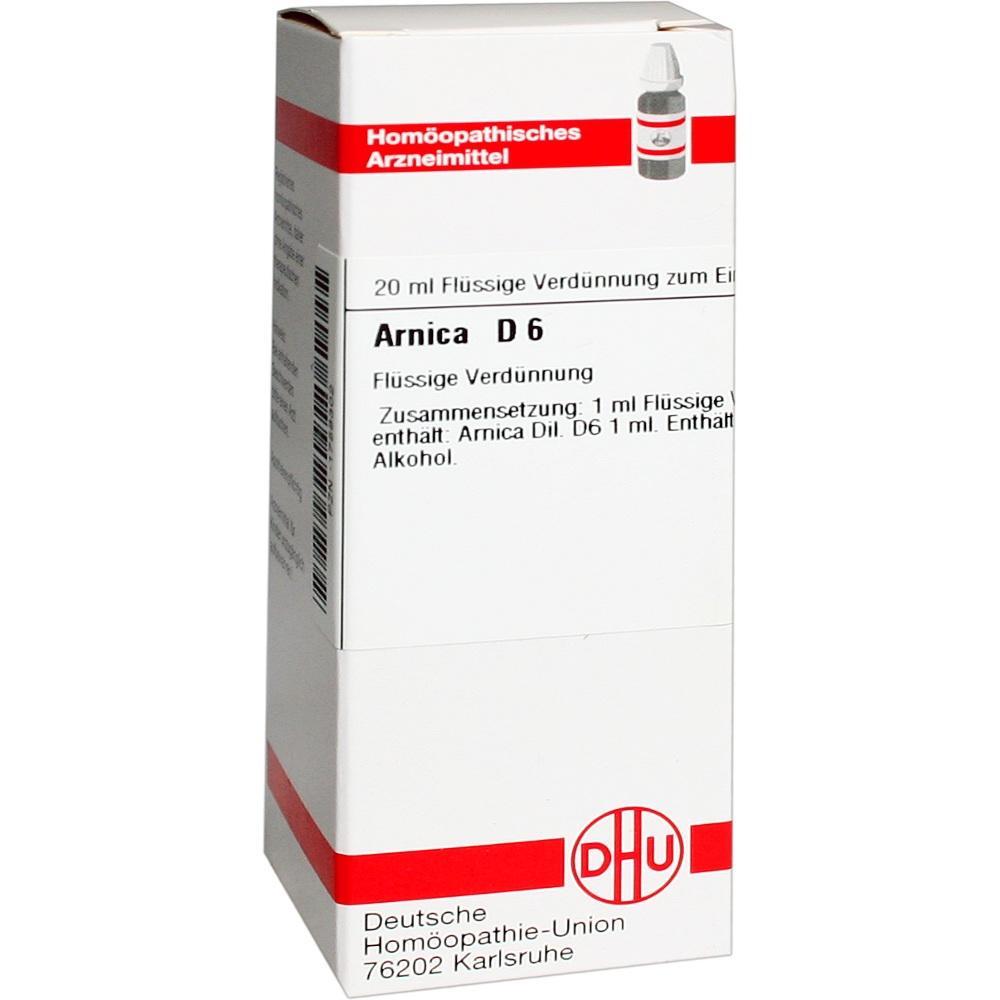 Weiße Verpackung mit der Aufschrift "Arnica D6" für ein homöopathisches Arzneimittel.