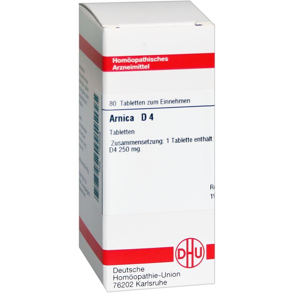Eine weiße Schachtel mit homöopathischen Arnica D4 Tabletten.
