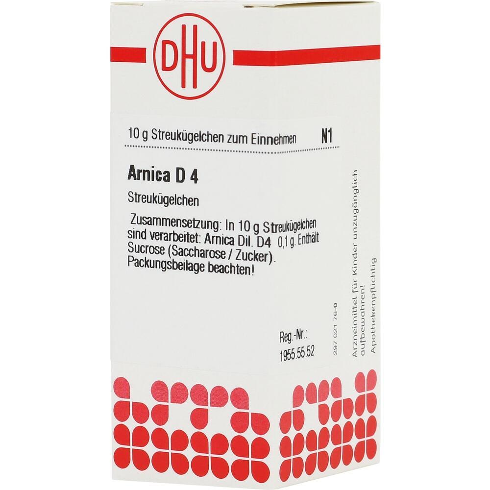 Weiße Arnica D4-Verpackung mit rotem Logo und Text zur Inhaltsangabe.
