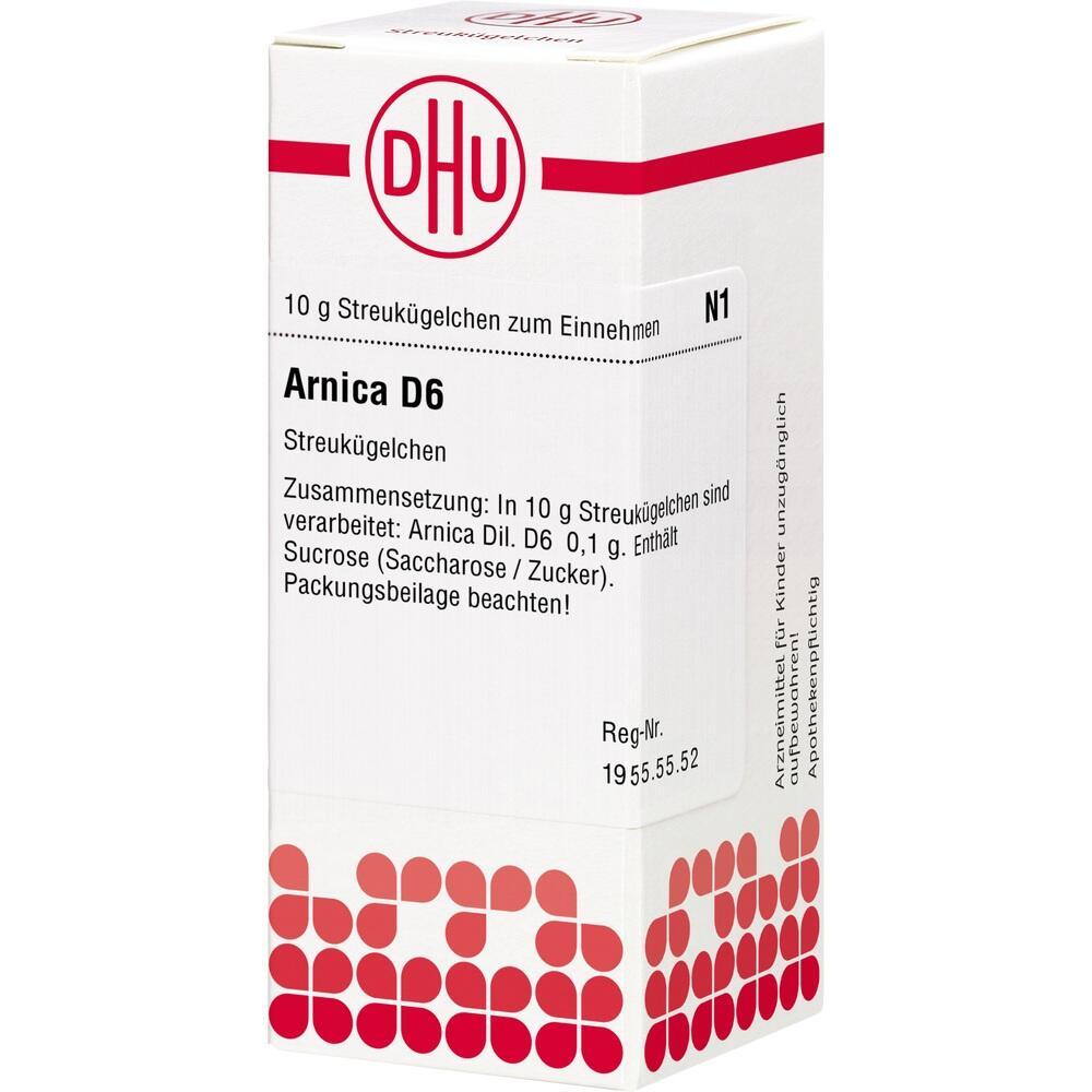 Weiße Verpackung mit rotem Logo für Arnica D6 Streukügelchen.