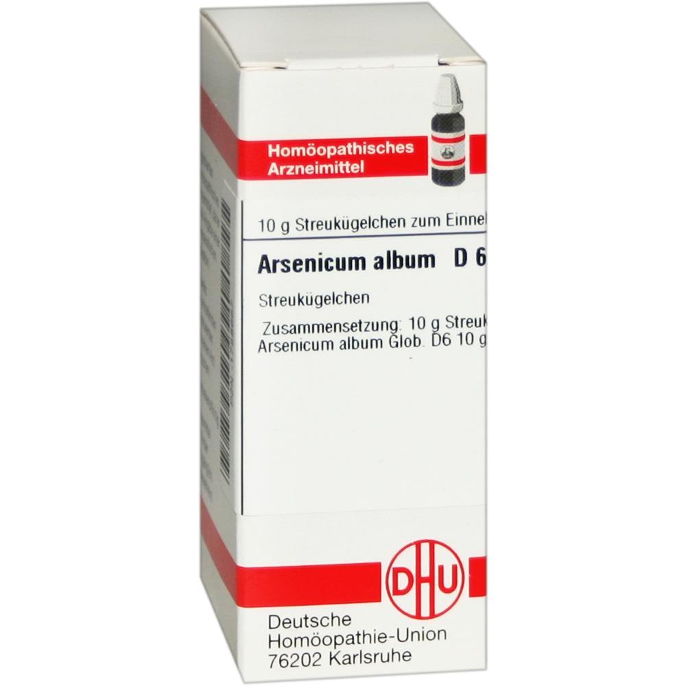 Eine weiße Schachtel mit homöopathischem Arzneimittel namens Arsenicum album D6.