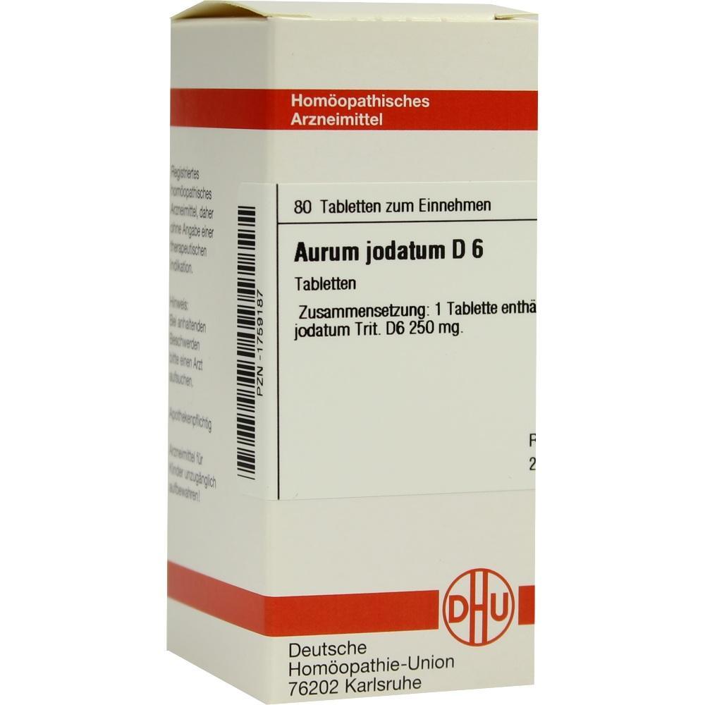 Packung mit homöopathischen Tabletten von Aurum jodatum D 6.
