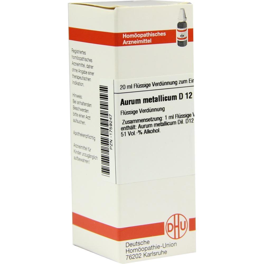Weißer Karton einer homöopathischen Arznei namens Aurum metallicum D12.