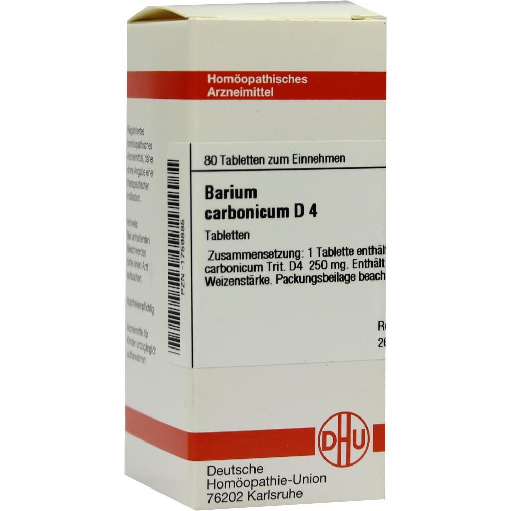 Eine weiße Packung homöopathischer Tabletten namens Barium carbonicum D 4.