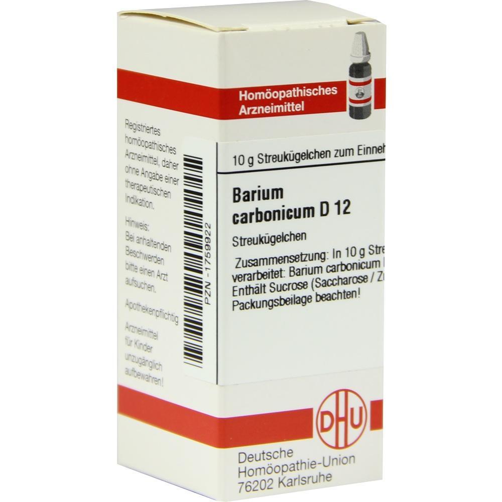 Packung mit homöopathischen Streukügelchen namens "Barium carbonicum D 12".