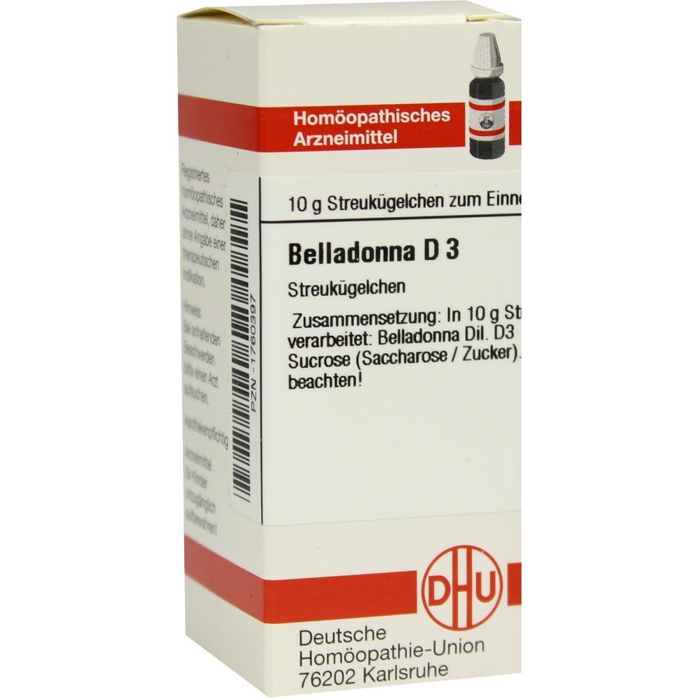 Weiße Verpackung mit Aufschrift "Belladonna D 3", homöopathisches Arzneimittel.