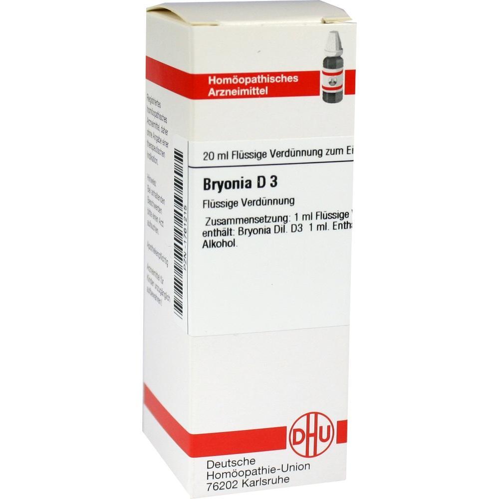 Weiße Medikamentenverpackung mit der Aufschrift "Bryonia D 3" und rotem Streifen.
