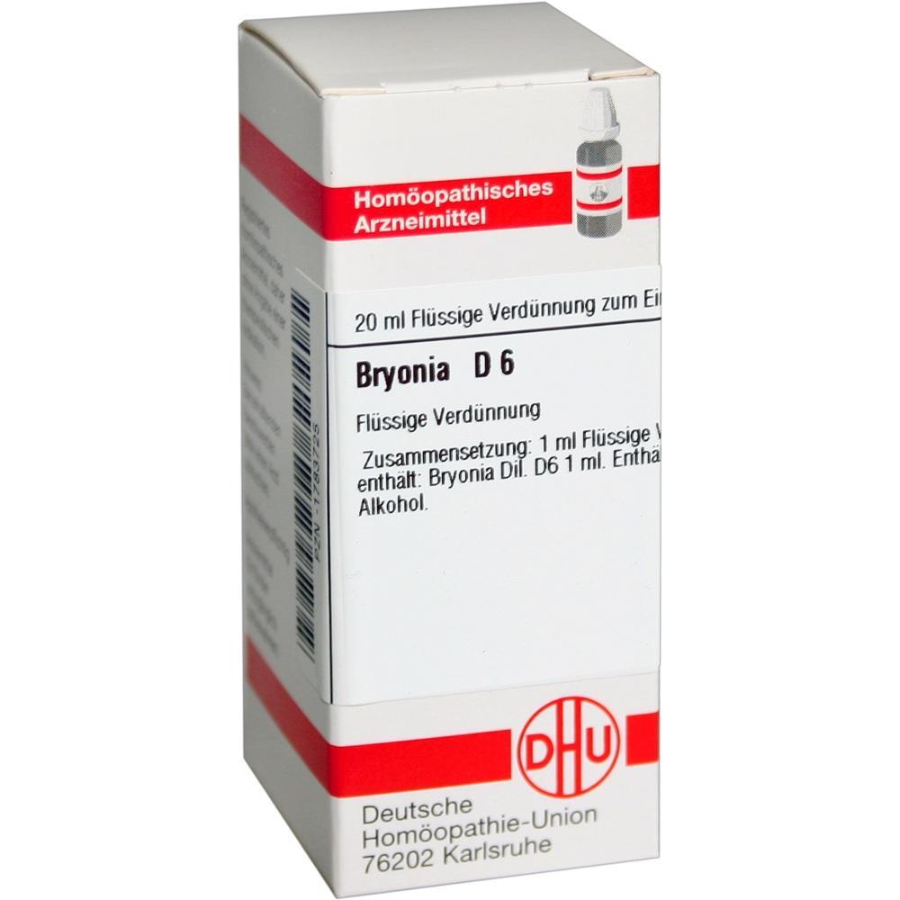 Weiße Verpackung mit rotem Streifen und Aufschrift "Bryonia D6" für homöopathische Tropfen.