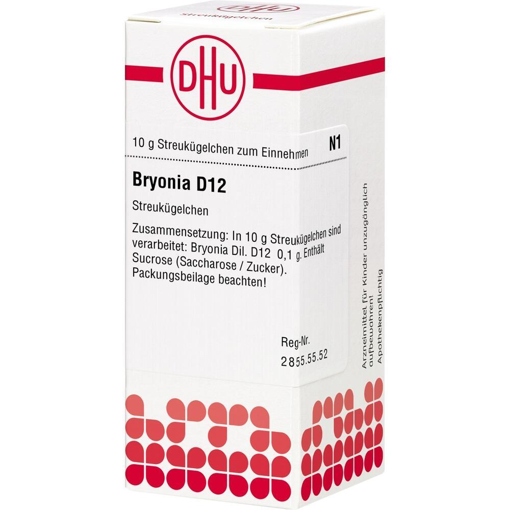 Weiße Medikamentenpackung mit rotem Logo und Text "Bryonia D12".