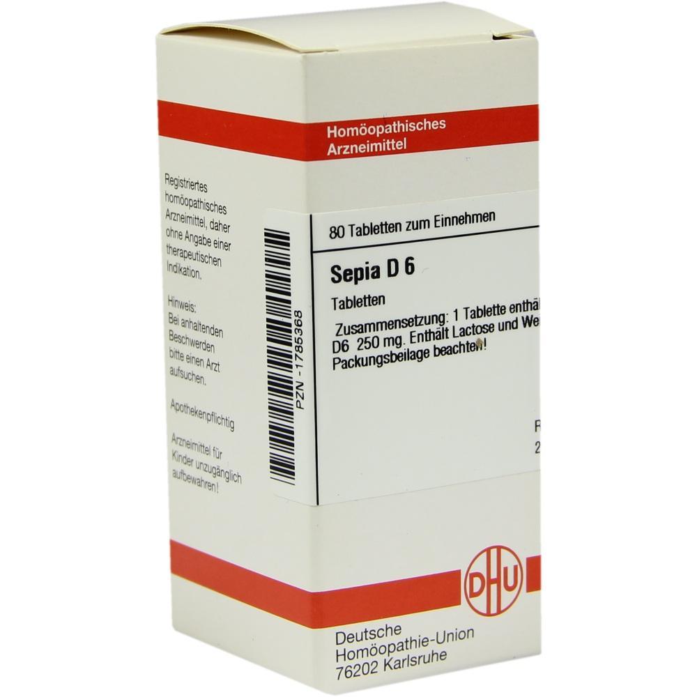 Eine Packung homöopathische Tabletten mit der Aufschrift "Sepia D6".