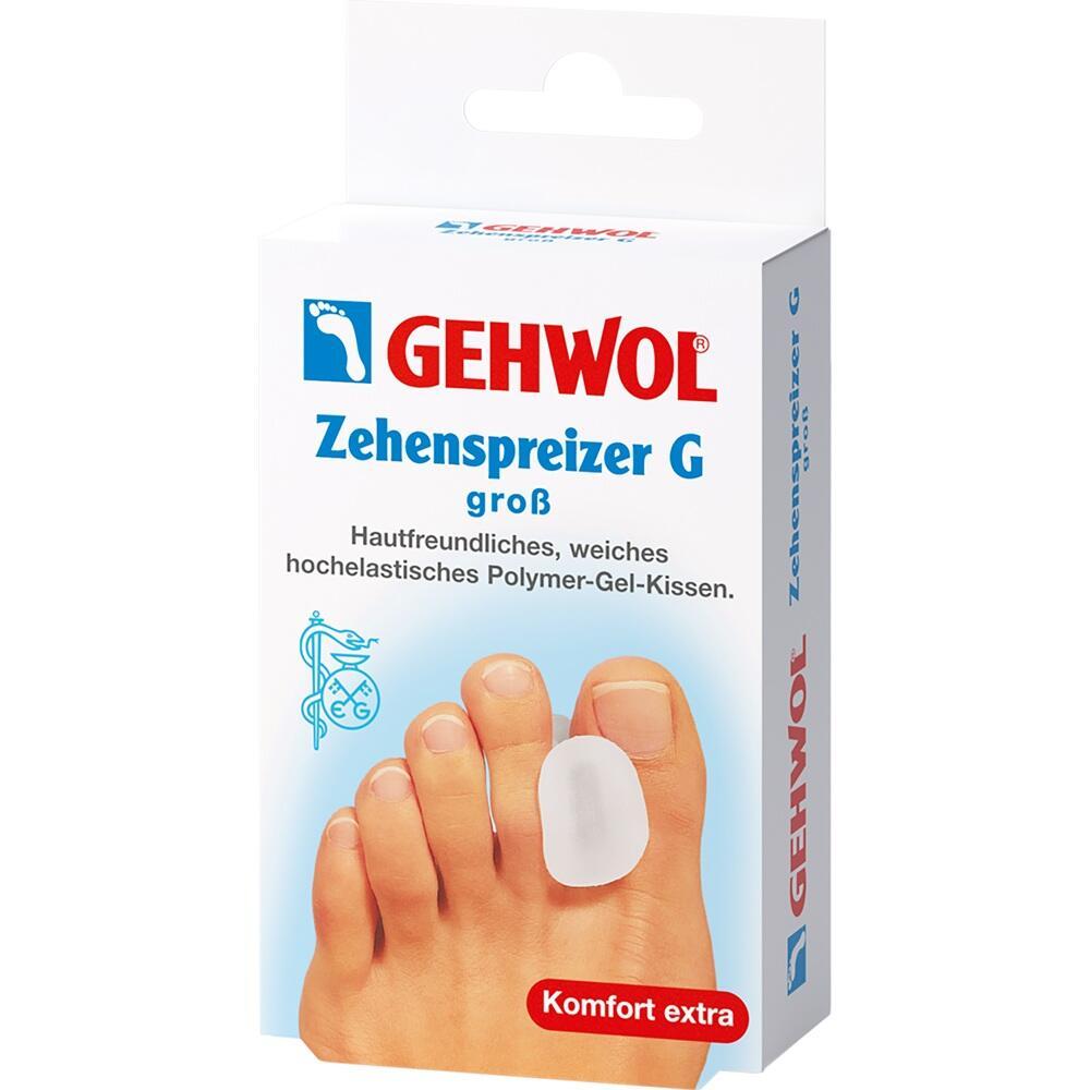 Die Verpackung zeigt ein Produkt zum Zehenspreizen aus weichem Polymer-Gel.