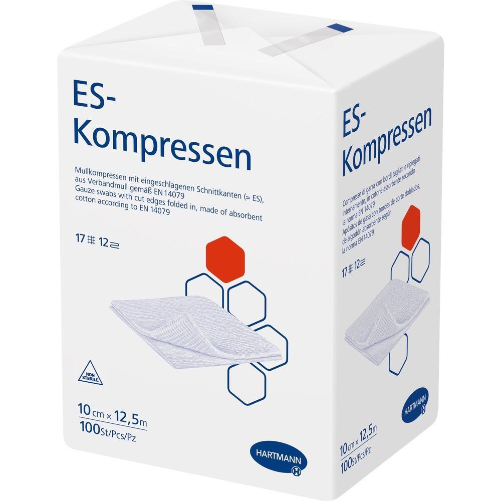 Wei&szlig;e Verpackung mit der Aufschrift "ES-Kompressen" und einem blauen Logo.