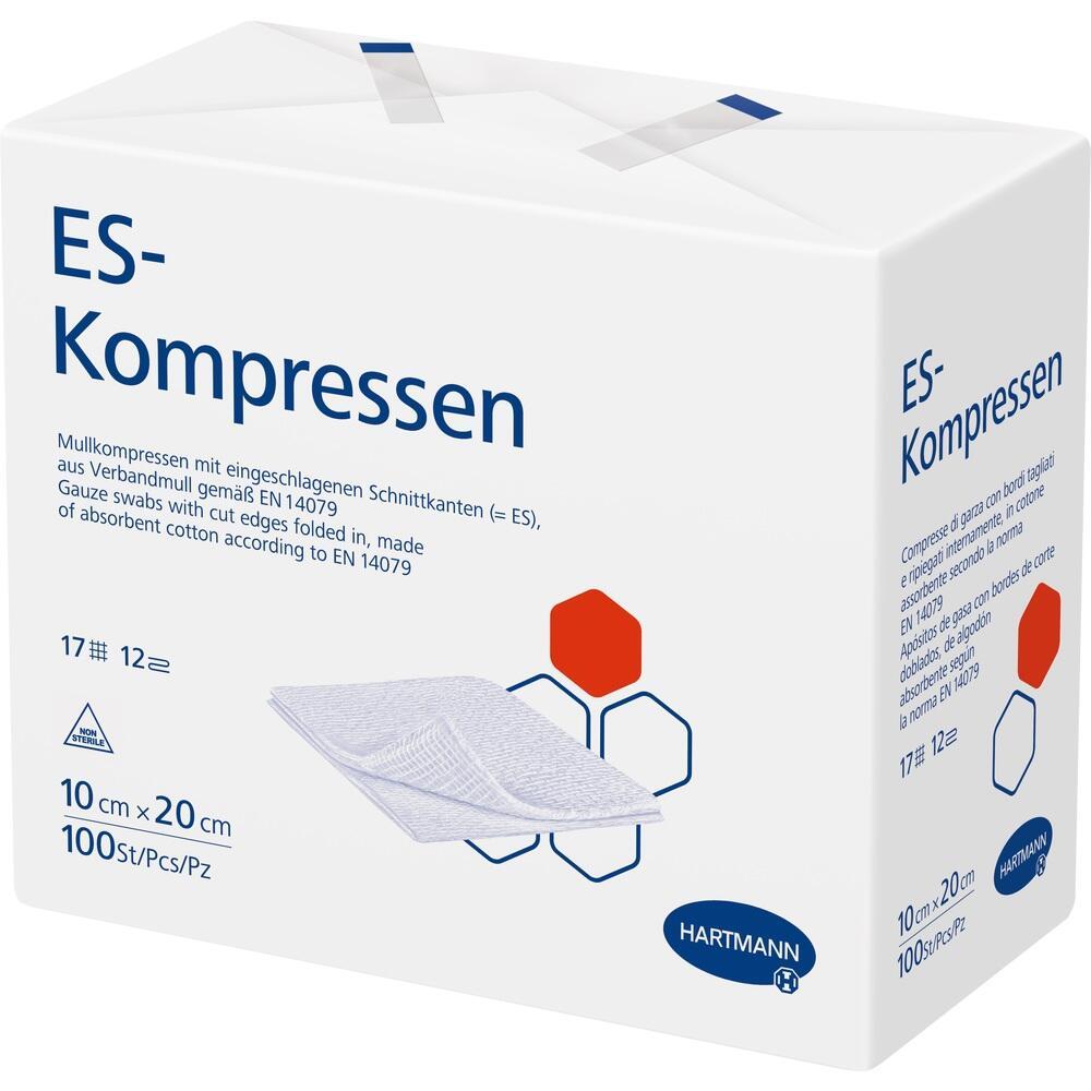 Eine wei&szlig;e Packung mit der Aufschrift "ES-Kompressen".
