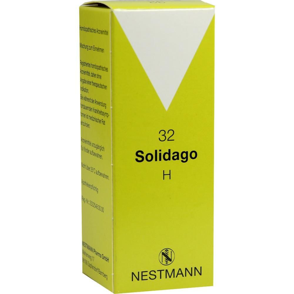 Gelbe Schachtel mit der Aufschrift "32 Solidago H" von der Marke Nestmann.