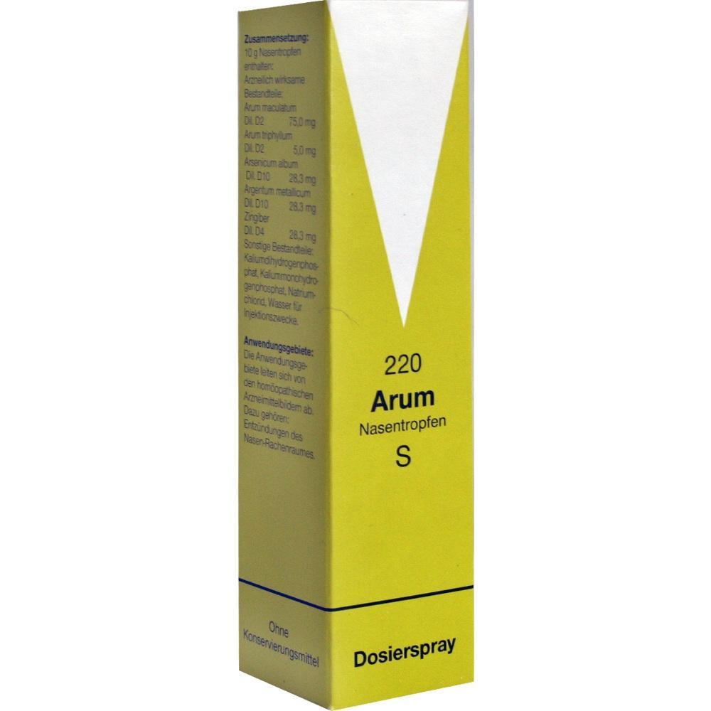 Gelbe Packung mit der Aufschrift "Arum Nasentropfen S" f&uuml;r die Nase.