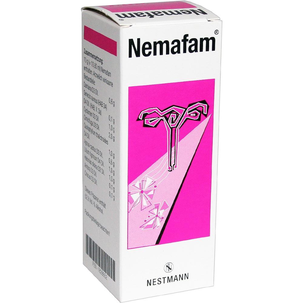 Wei&szlig;e Medikamentenschachtel mit rosa Design und Aufschrift "Nemafam".